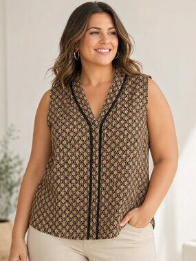Grefit Sleeveless Patterned Blouse – Tan & Black – Size Large